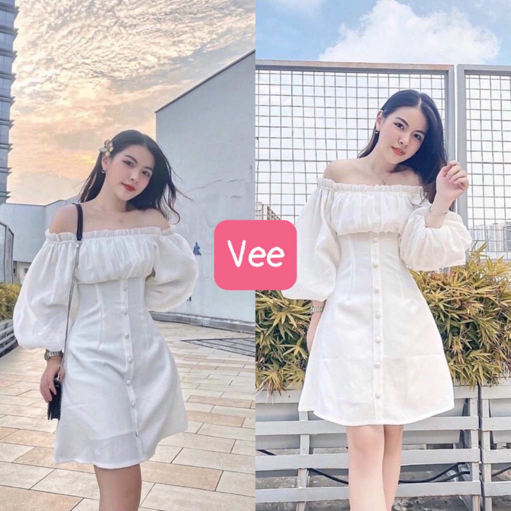 Đầm nữ dáng suông trễ vai phối tay bồng tiểu thư thời trang hàn quốc/ Váy triết eo dài tay ulzzang trẻ trung năng động