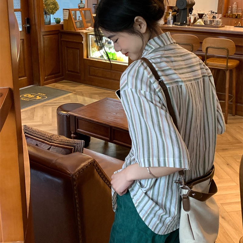 Áo sơ mi SUXI ngắn tay dáng rộng kẻ sọc phong cách cổ điển thời trang mùa hè cho nữ