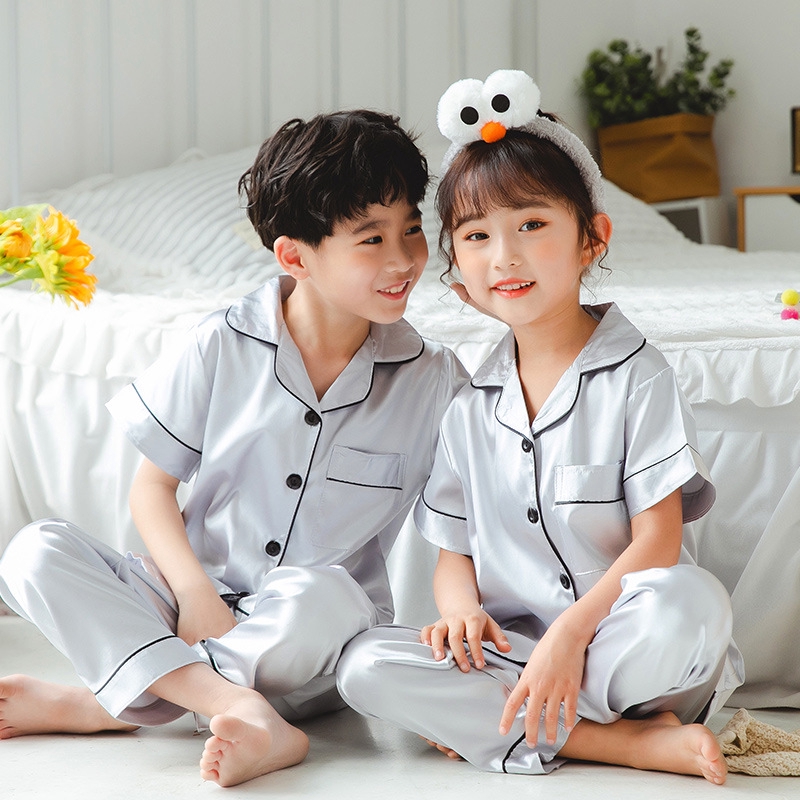 Pijama Cho Trẻ Em Ngắn Tay Lụa Satin Bộ đồ Ngủ Bé Trai Bé Gái