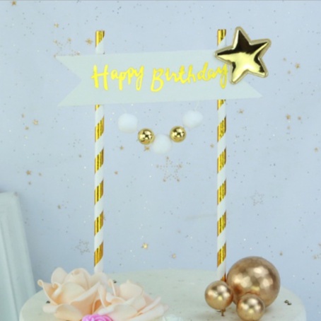 Cờ Trang Trí Bánh Sinh Nhật Màu Trắng Vàng Bạc