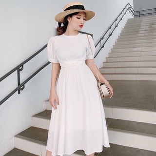 Đầm trắng cổ tròn chéo eo