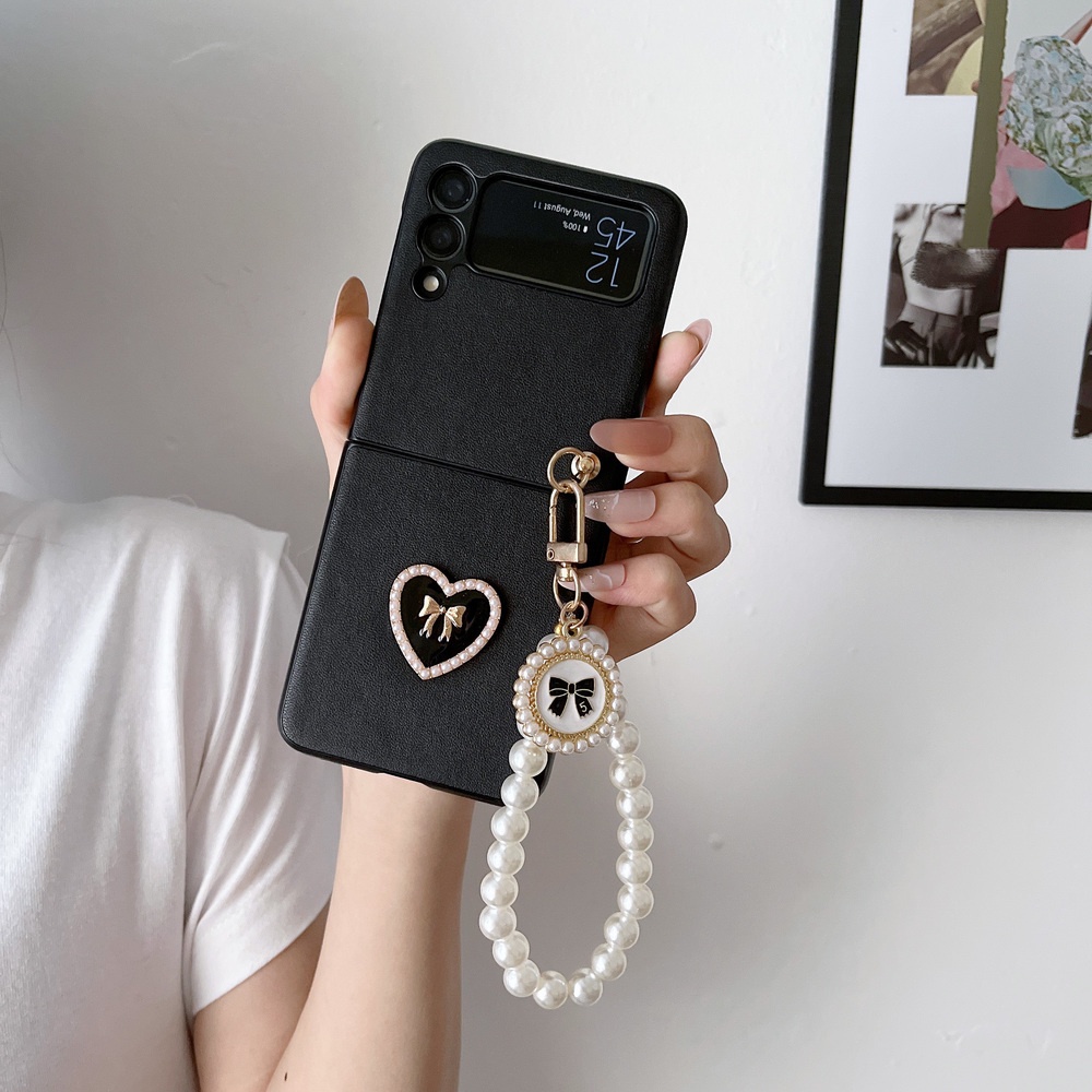 Ốp điện thoại HOCE da PU họa tiết trái tim 3D phối chuỗi ngọc trai giả cho samsung galaxy zflip5 z flip 3 z flip 4 5g