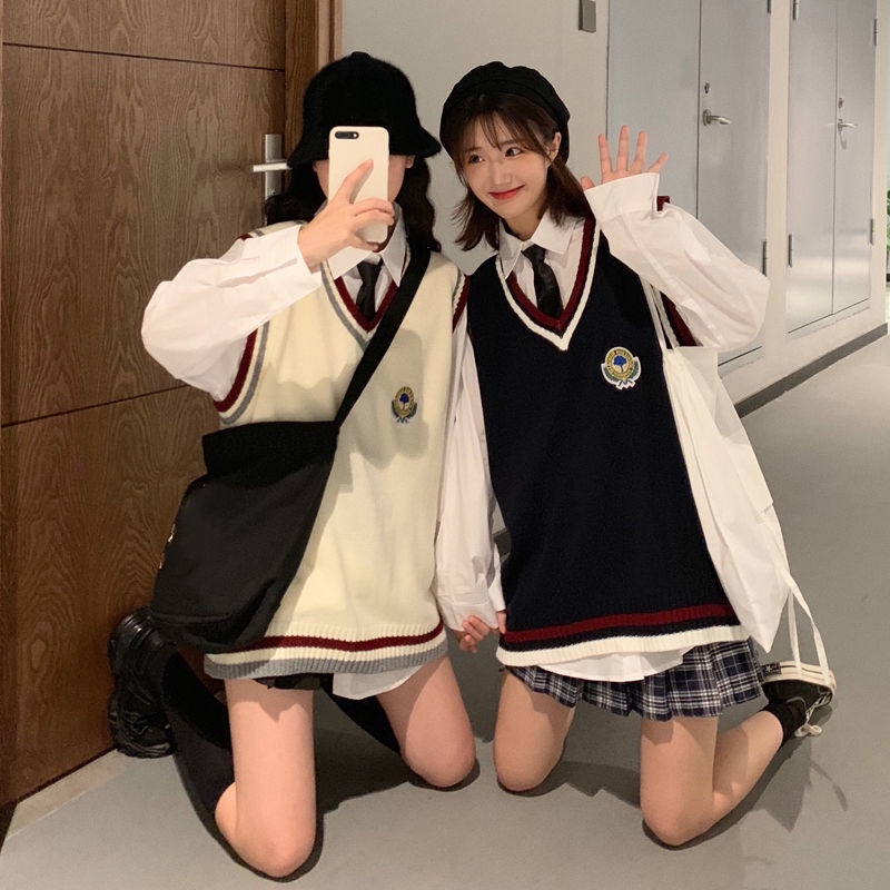 Bộ Áo Sơ Mi Dệt Kim Không Tay+Chân Váy Xinh Xắn Theo Phong Cách Nhật Bản Dành Cho Nữ