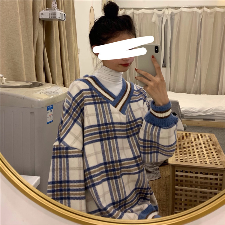 Áo sweater cổ chữ v dày họa tiết caro phong cách Hàn Quốc dễ thương dành cho nữ