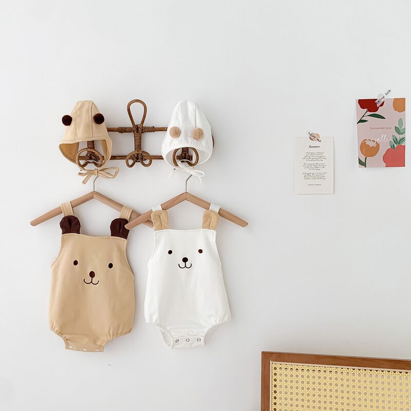Set Đồ Mùa Hè Gồm Áo Liền Quần Hai Dây Bằng Vải Cotton In Họa Tiết Gấu Hoạt Hình + 1 * Mũ Cho