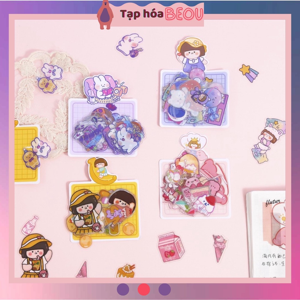 Sticker cute trang trí sổ set 40 tấm, nhãn dán chống nước đáng yêu