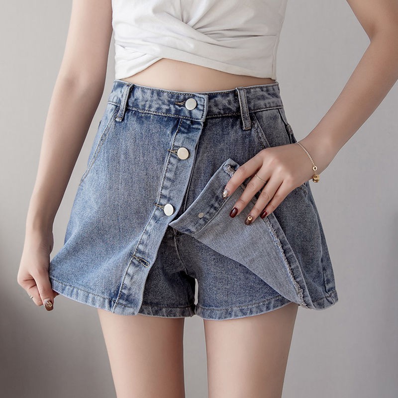 Váy ngắn denim xẻ eo cao, cỡ lớn mới xuân hè 2021, ngang hông dài một đường kẻ nhỏ Loại