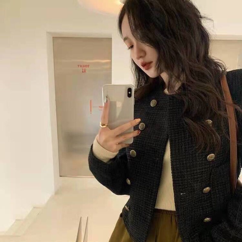 Áo dạ tweed dáng ngắn 2 hàng khuy hoàng gia(kèm ảnh thật)