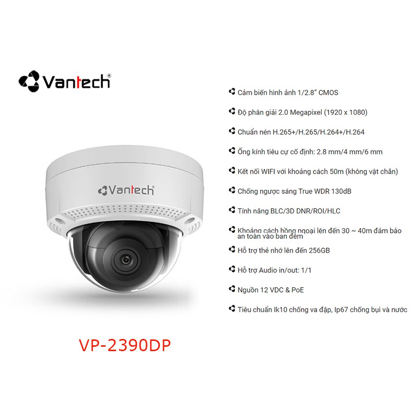 Camera Dome hồng ngoại Wifi 2.0MP PoE VP-2390DP-A