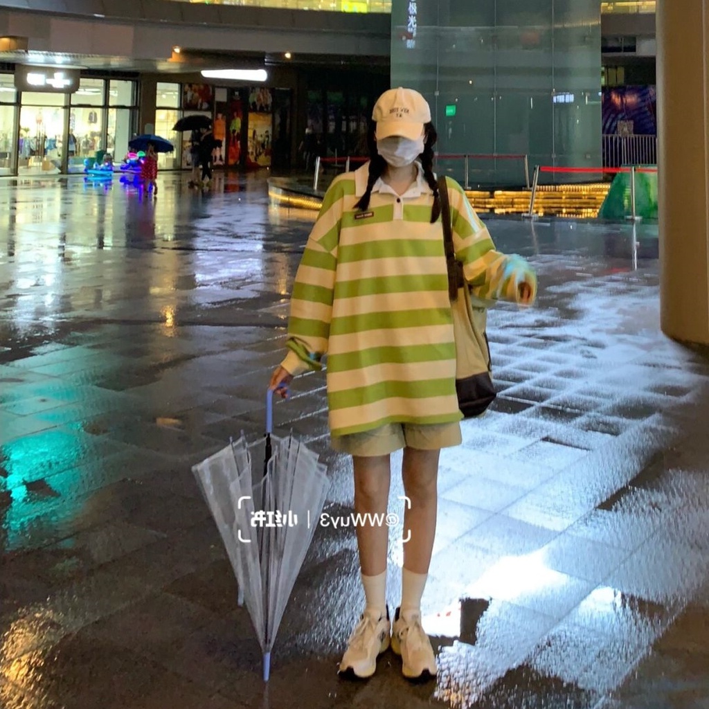 Áo Thun Sweater Mỏng Tay Dài Cổ Polo Dáng Rộng Kẻ Sọc Xinh Xắn Cho Nữ