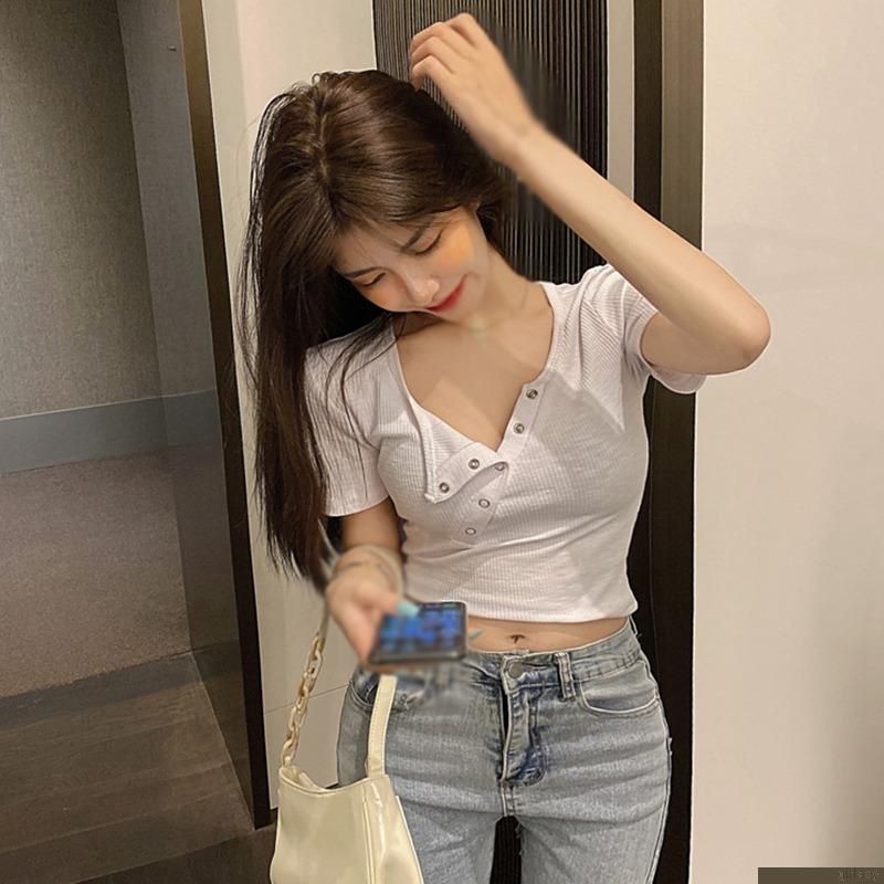 Áo thun croptop tay ngắn màu sắc đơn giản phong cách Hàn Quốc cho nữ