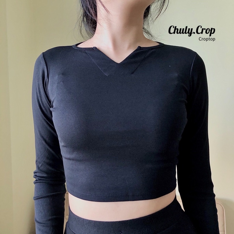 Áo croptop cổ V tay dài sexy nhẹ nhẹ, vải đẹp mịn, co giản tốtHình thật tại shop 22.July