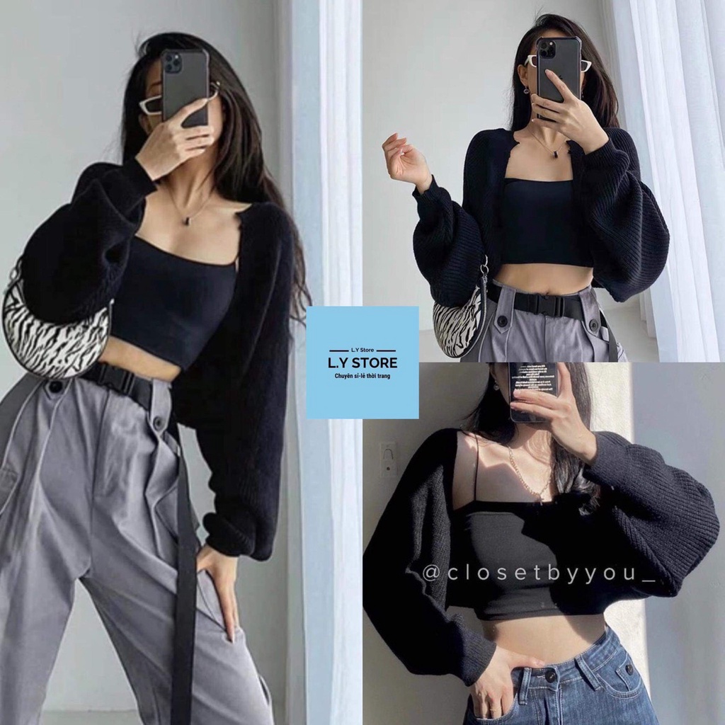 Set áo len tăm đen tay bồng L.Y Store nữ &lt;3 chất len tăm co giãn đẹp đỉnh