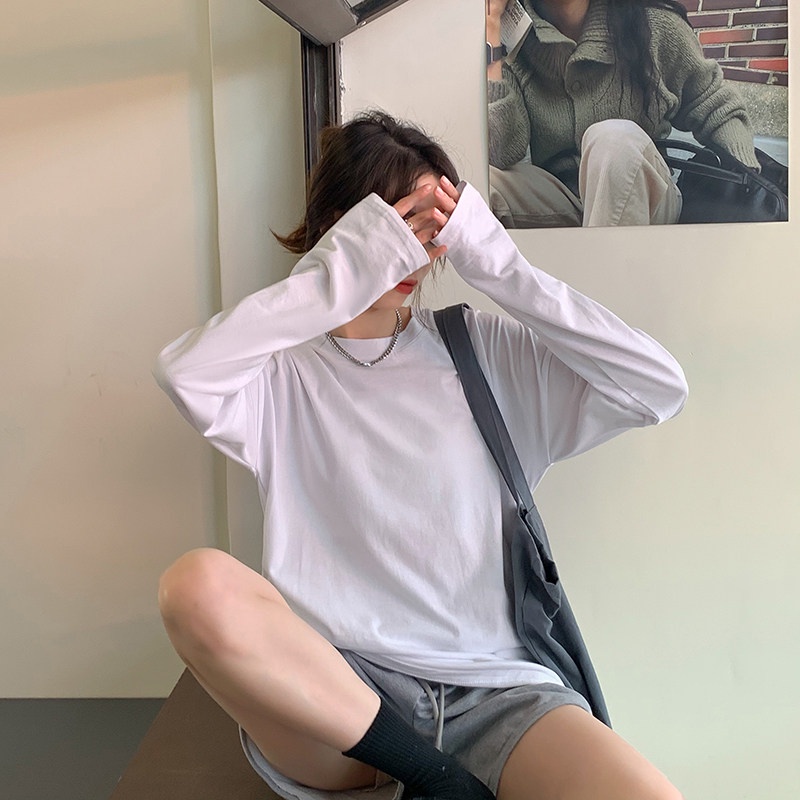 SUXI Áo Thun Nữ Dài Tay Cổ Tròn Màu Sắc Thanh Lịch