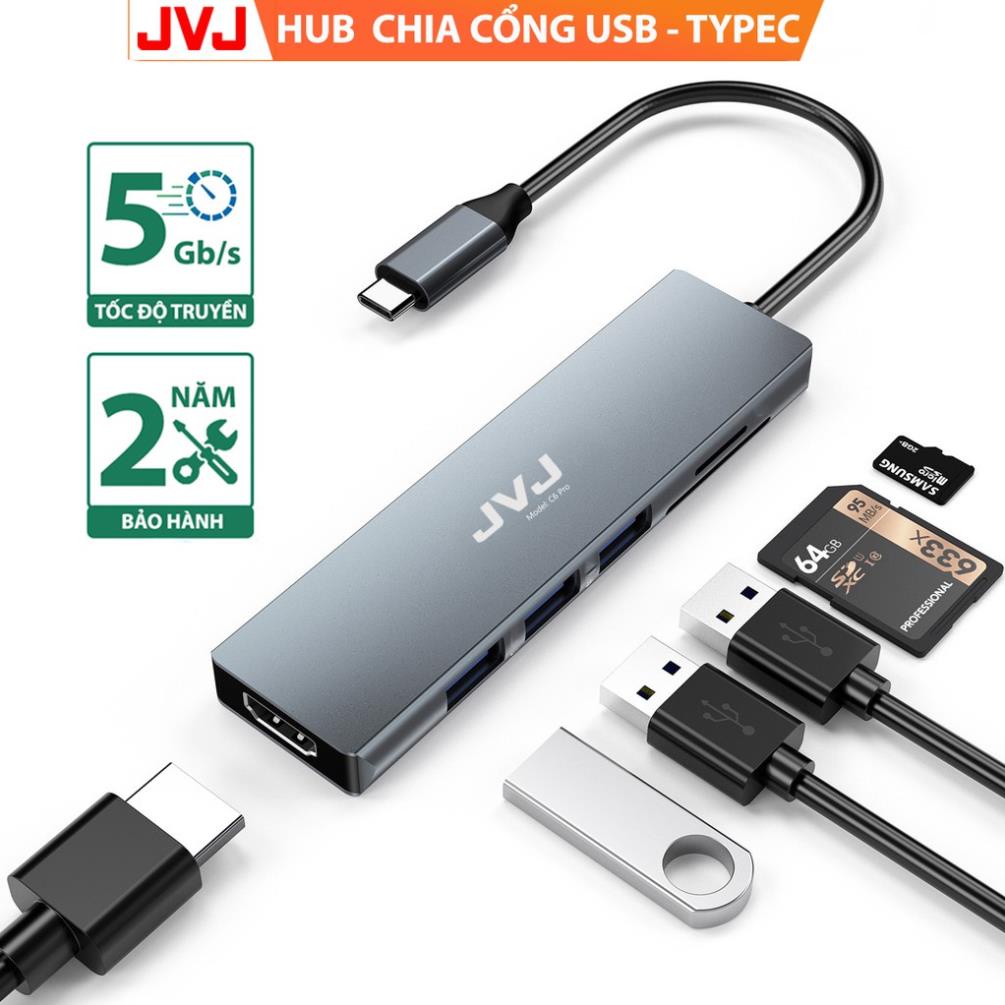 Hub type C USB C6 JVJ 6 trong 1 đa năng cổng chuyển đổi chia cổng USB 3.0 tốc độ 500Mb/s SD, TF, 4K,HDMI cho MacBook lap