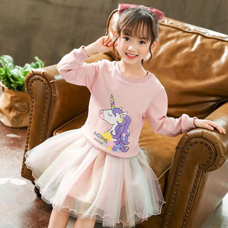 Set Áo Thun Tay Dài &amp; Chân Váy Lưới Cho Bé Gái