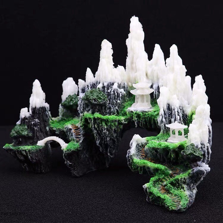 Mô hình hòn non bộ núi tuyết ngôi chùa đá giả sơn trang trí bể cá