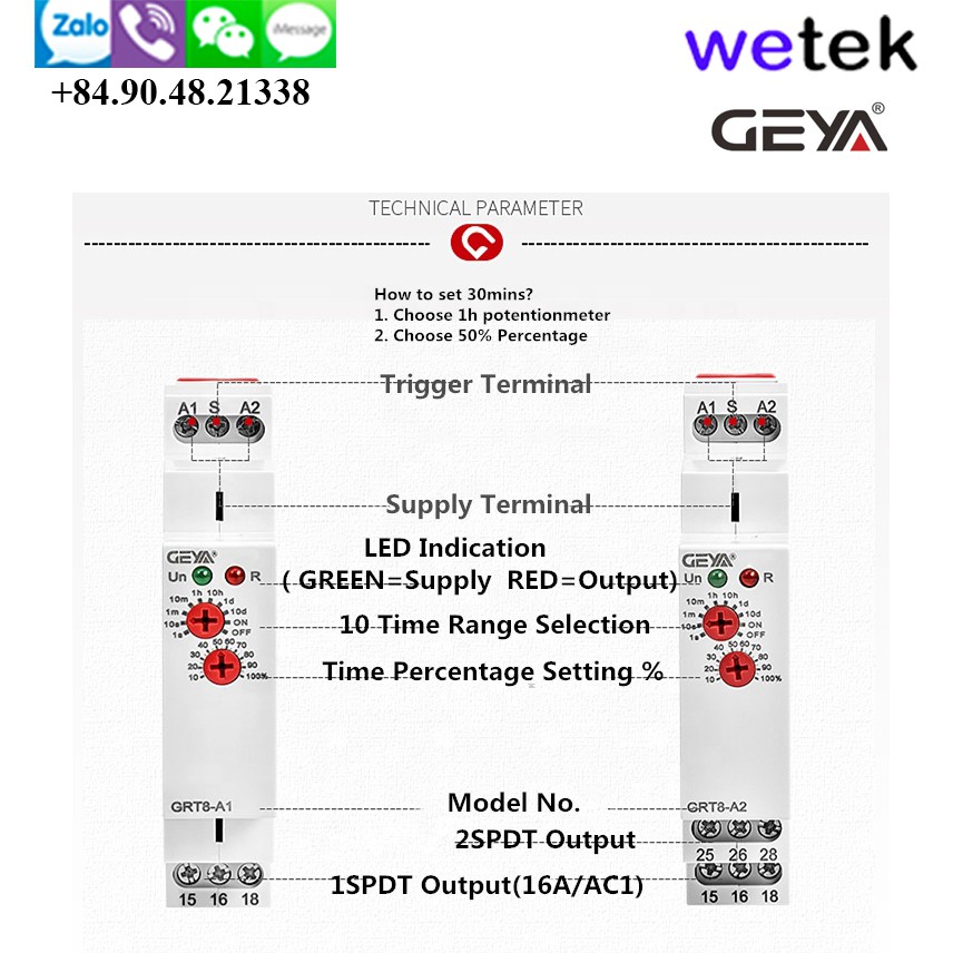 Geya GRT8-A2/A230 Rơ le thời gian đóng chậm  0.1s đến 240h , 2 tiếp điểm 16A, rẻ nhất cho lắp tủ điện