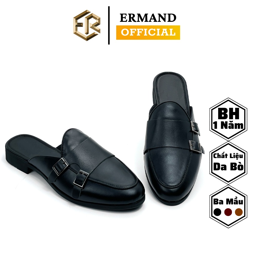 Giày sục nam ERMAND da bò thật bảo hành 1 năm kiểu dáng Double Monk Strap Slipper hiện đại - Mã T32