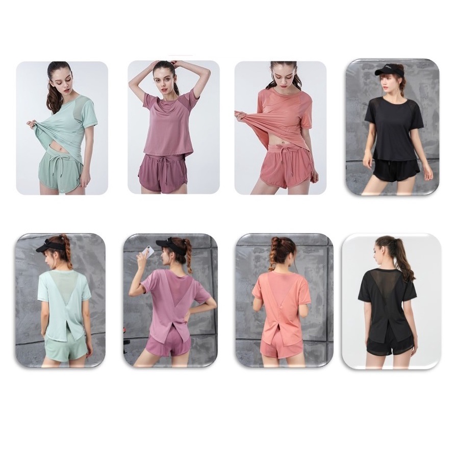 Bộ đồ tập gym nữ thể thao lưới thoáng khí, quần short 2 lớp và áo ngăn tay xẻ lưng thời trang