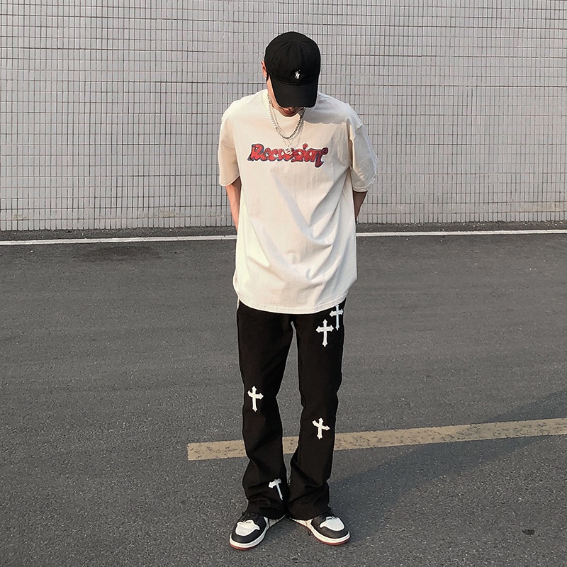Quần ống Rộng Unisex nam nữ Kaki cao cấp - Kaki mềm Thêu Chữ THập TILAA FASHION QJ08