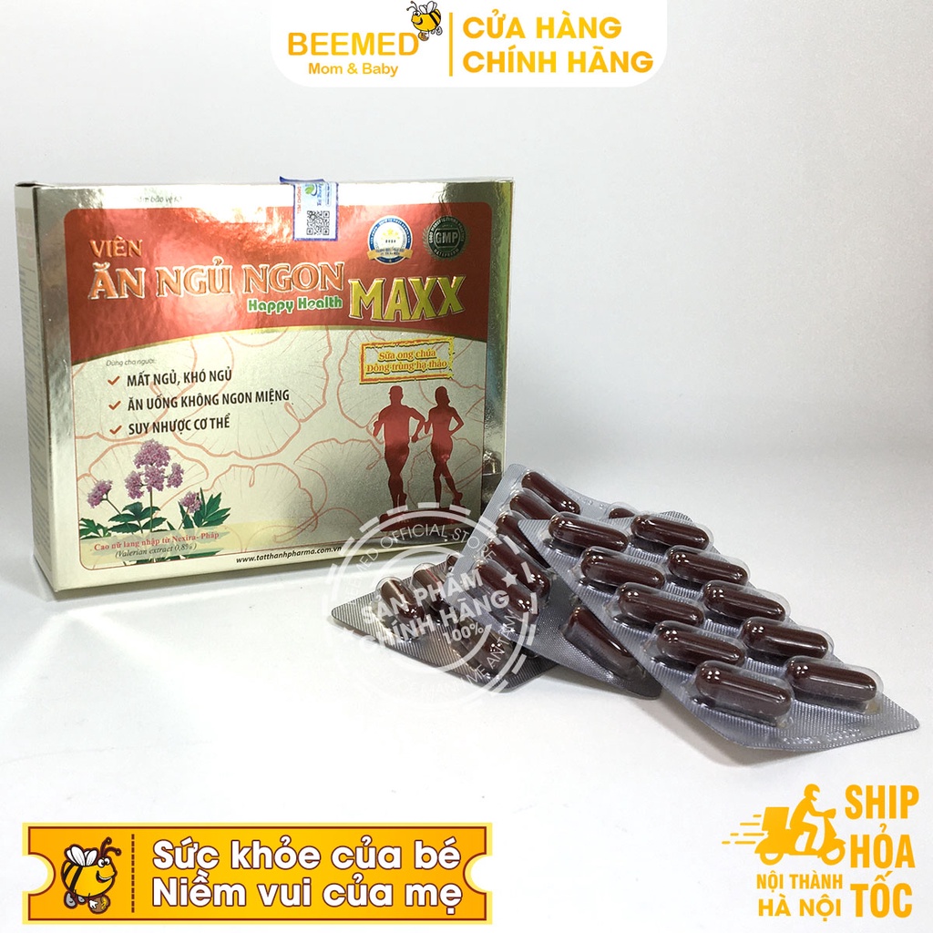 Ăn ngủ ngon Happy Health Max - Giúp giảm mất ngủ, ăn ngon, hộp 60v từ melatonin, đông trùng hạ thảo, sữa ong chúa