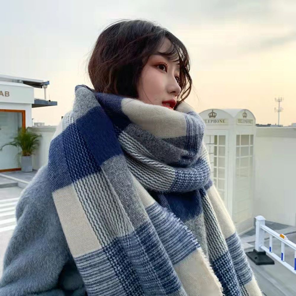 Khăn choàng cổ dài kẻ sọc caro chất liệu cashmere mềm mại thời trang thu đông phong cách Hàn Quốc cho nữ