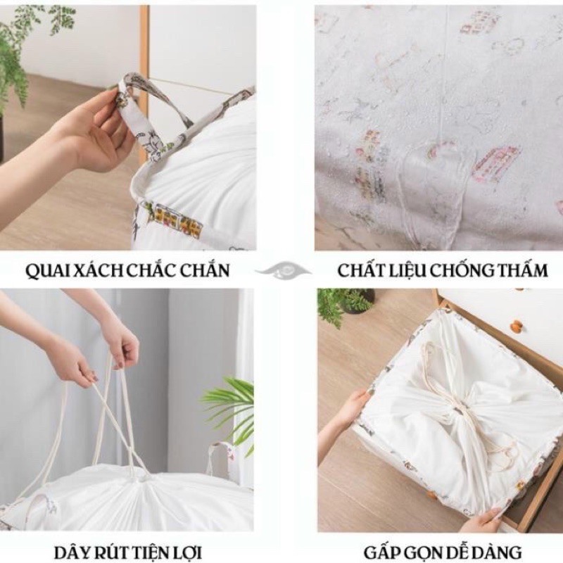 Giỏ đựng quần áo, túi đựng chăn màn có dây rút gấp gọn tiện lợi, dung tích lớn 75L