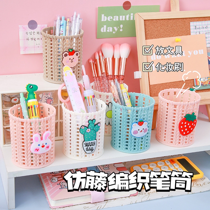 Ống Cắm Bút Để Bàn Họa Tiết Mây Tre Đan Màu Pastel Xinh Xắn Decor Bàn Học Kệ Tròn Đựng Mỹ Phẩm Đa Năng