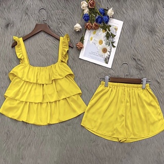 Đồ bộ nữ,đồ ngủ nữ 2 dây cánh tiên xếp bèo tầng chất lụa satin,đồ bộ mặc nhà cao cấp free size<58kg