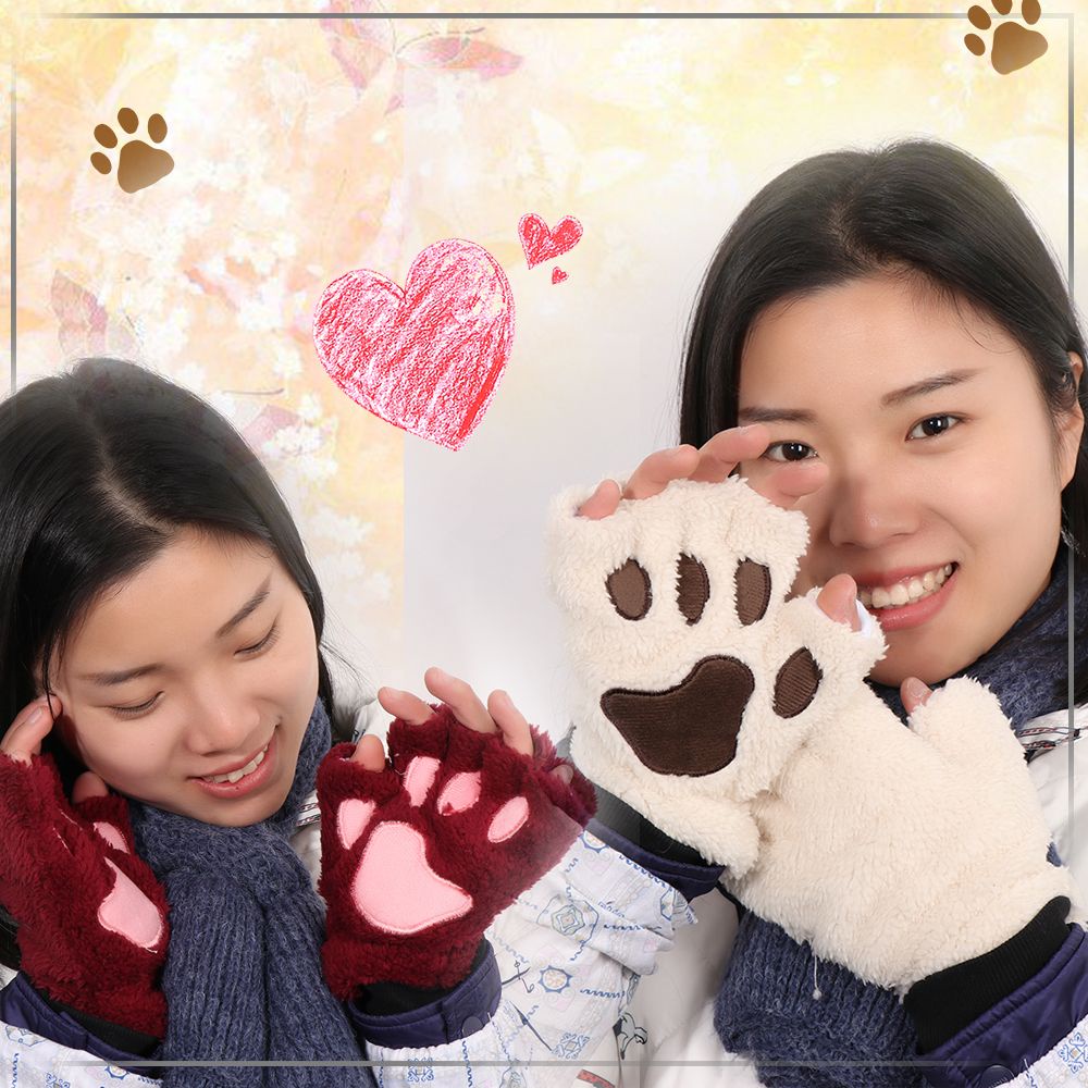 Găng tay lông xù hở ngón hình bàn chân gấu/mèo dễ thương 14 màu phong cách mùa đông cho nữ