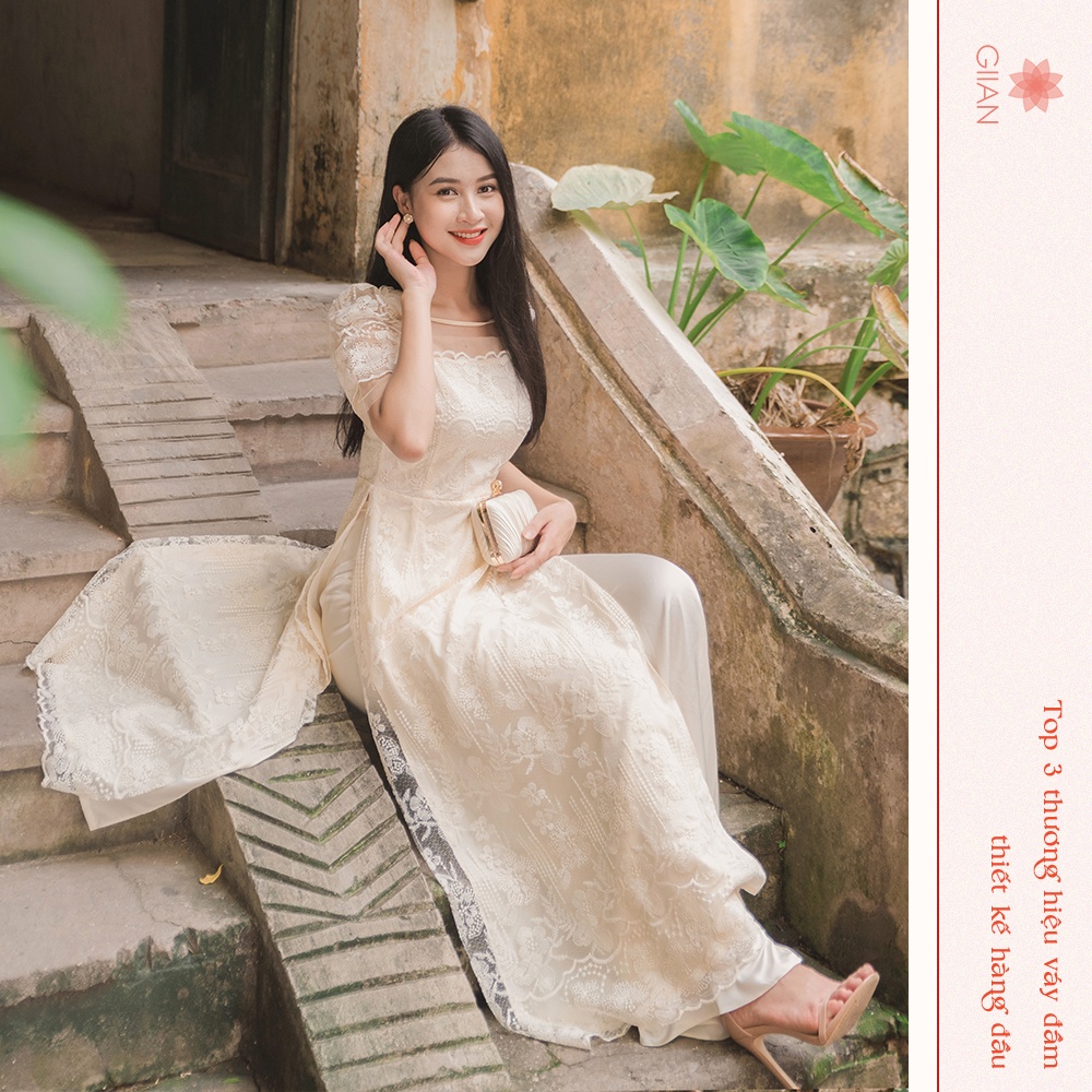 Áo dài cách tân be phối ren, điểm nhấn hoa vai siêu xinh - Thời trang Giian - AD0066