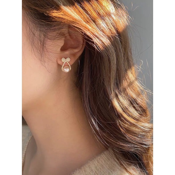 Bông tai, khuyên tai hình chiếc nơ đính ngọc trai nhân tạo phong cách tiểu thư BT91