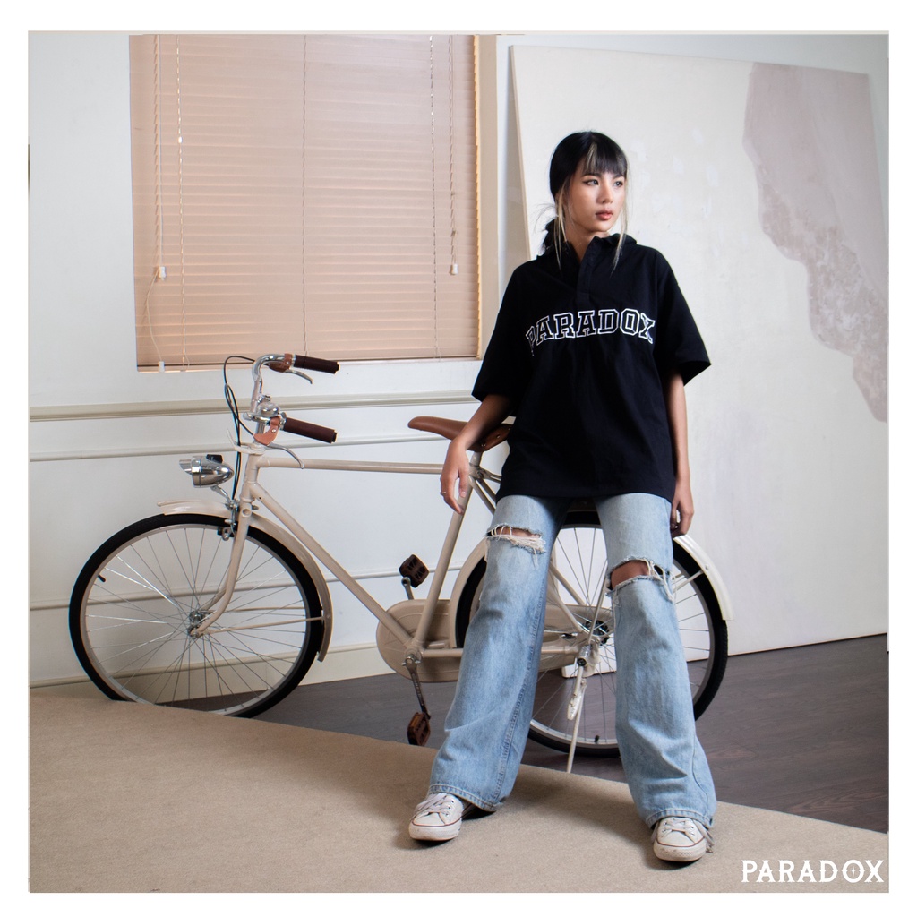 Áo thun có cổ Paradox tay lỡ HOLLOW POLO SHIRT - Đen