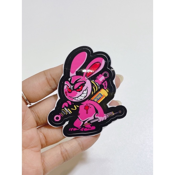 Tem dán hình thỏ điên cầm phuộc Olin, thỏ tay cầm trợ lực kích thước 6x5cm có sẵn keo dán