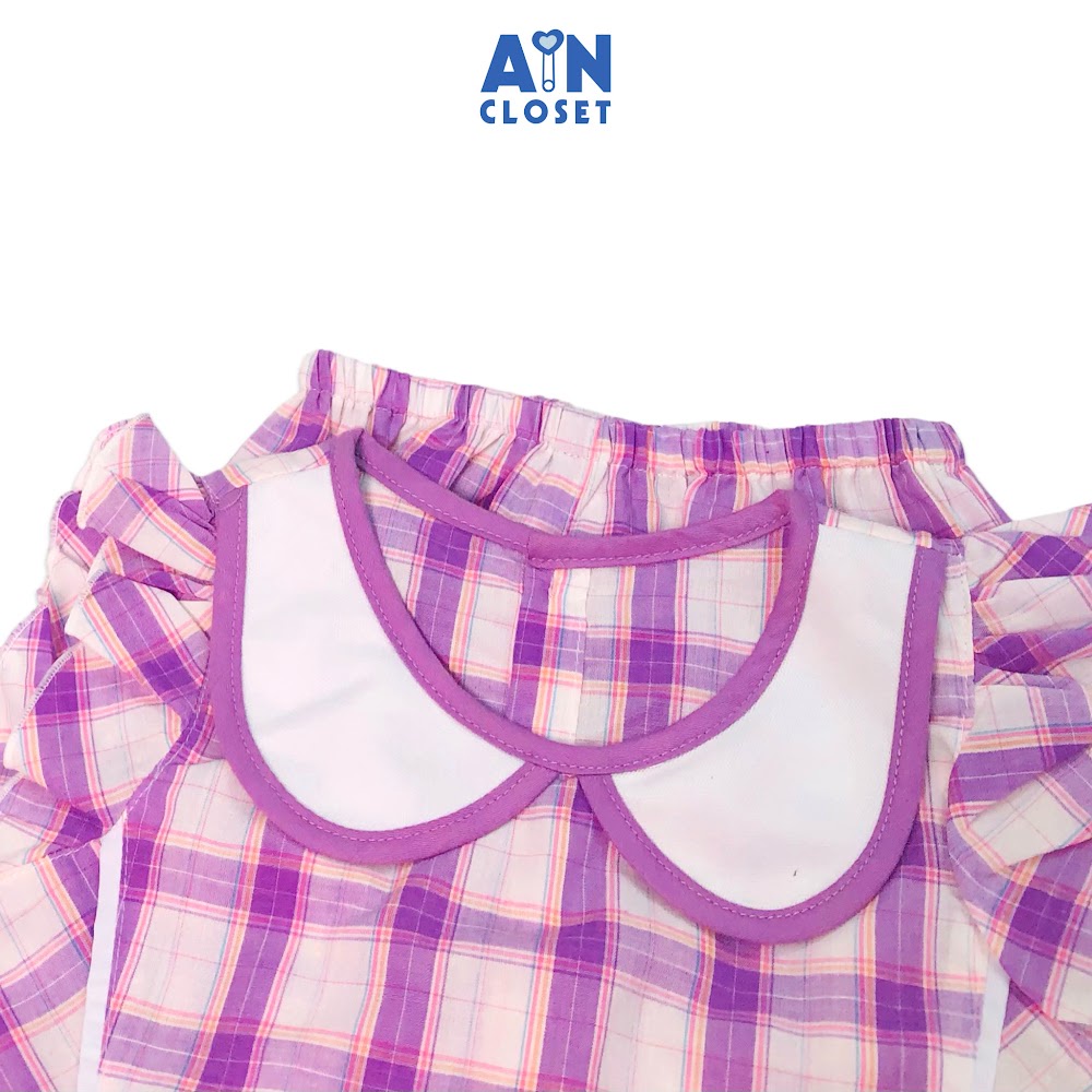Bộ quần áo ngắn bé gái họa tiết Caro tím trắng cotton - AICDBGRZQ5DV - AIN Closet