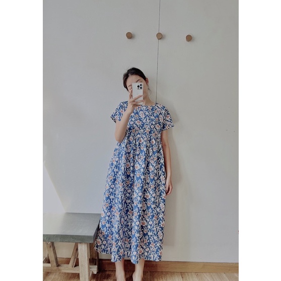 HERS -  Đầm babydoll cotton xanh hoa trắng