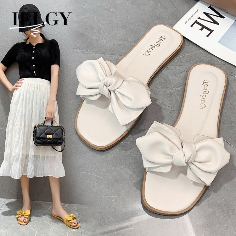 Dép IELGY đế bằng mũi vuông đính nơ thời trang Hàn Quốc mùa hè cho nữ