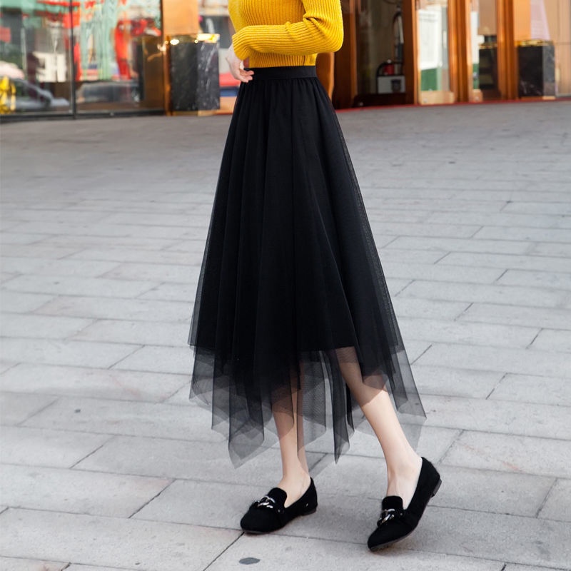 Chân Váy Lưới Dài Vừa Eo Cao Màu Đen Thời Trang Thu Đông Dành Cho Nữ