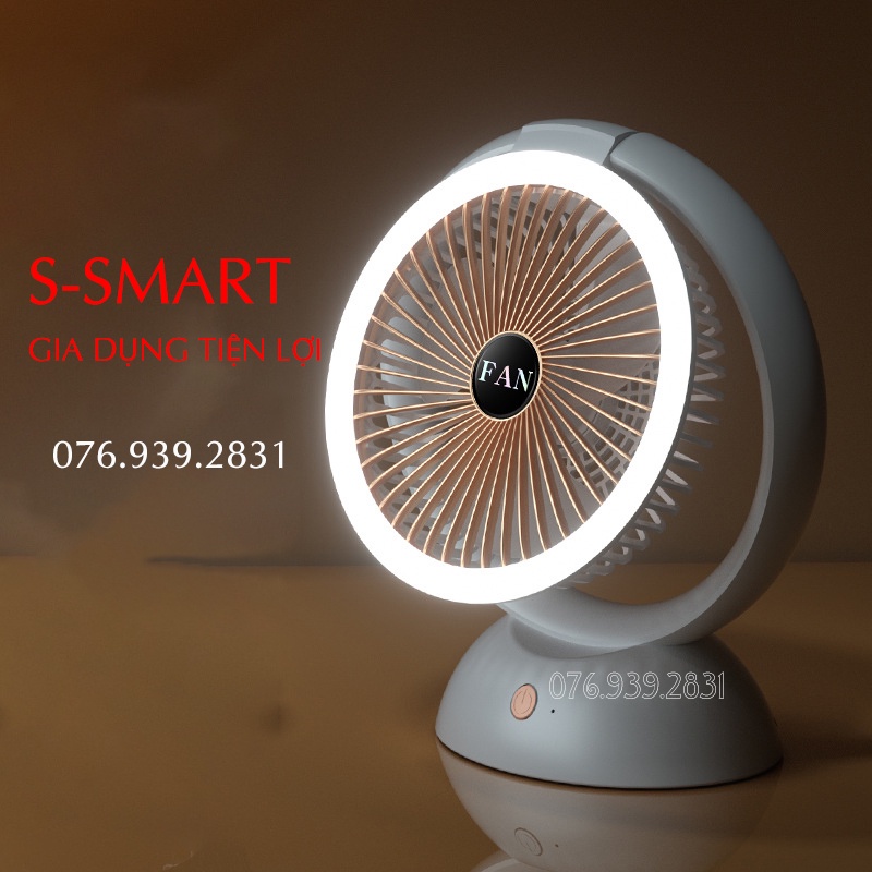 Quạt tích điện để bàn, tích hợp đèn - quạt mini xoay 180 độ, pin 8h, sạc USB