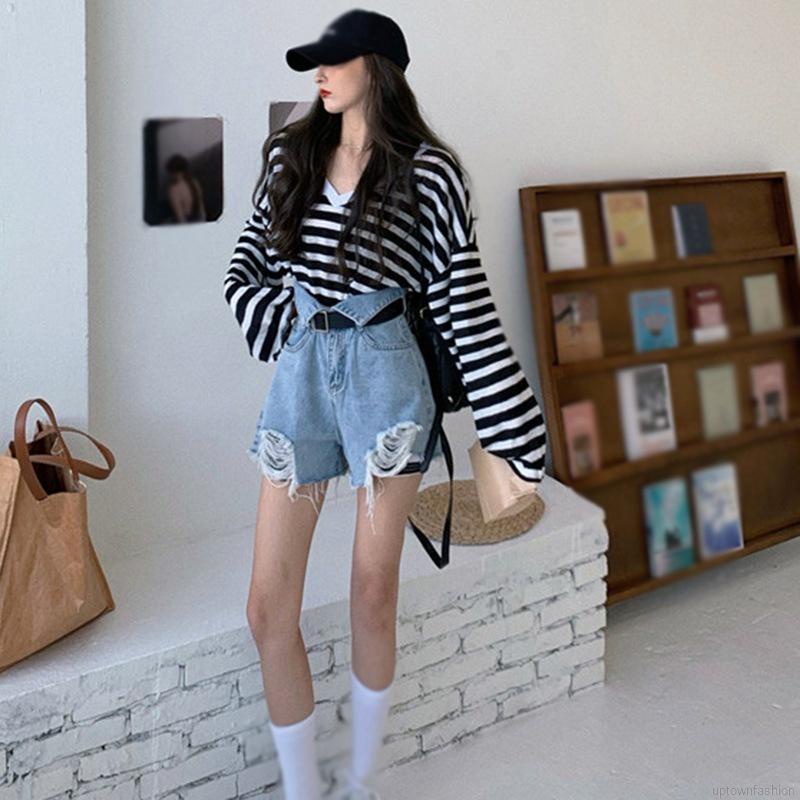 Áo Thun Tay Dài Cổ Chữ V Họa Tiết Kẻ Sọc Phong Cách Hàn Quốc Thời Trang Cho Nữ