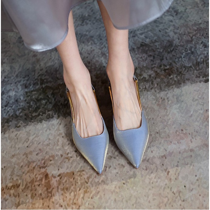 Giày sục mule satin xăng đan cao gót mũi nhọn đế dày hở gót vintage công sở 2022