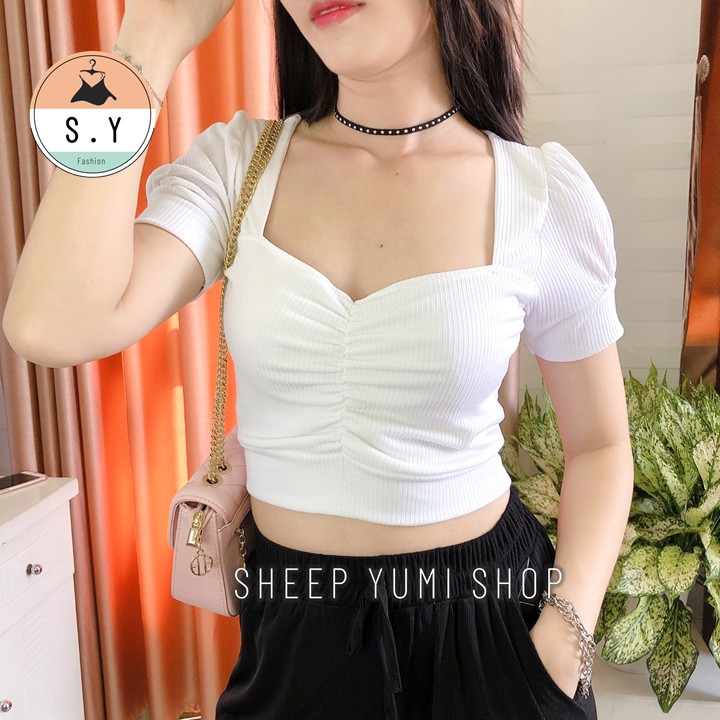 Áo Thun Croptop Cổ Vuông Nhún Ngực Tay Phồng SHEEP YUMI SHOP AC07