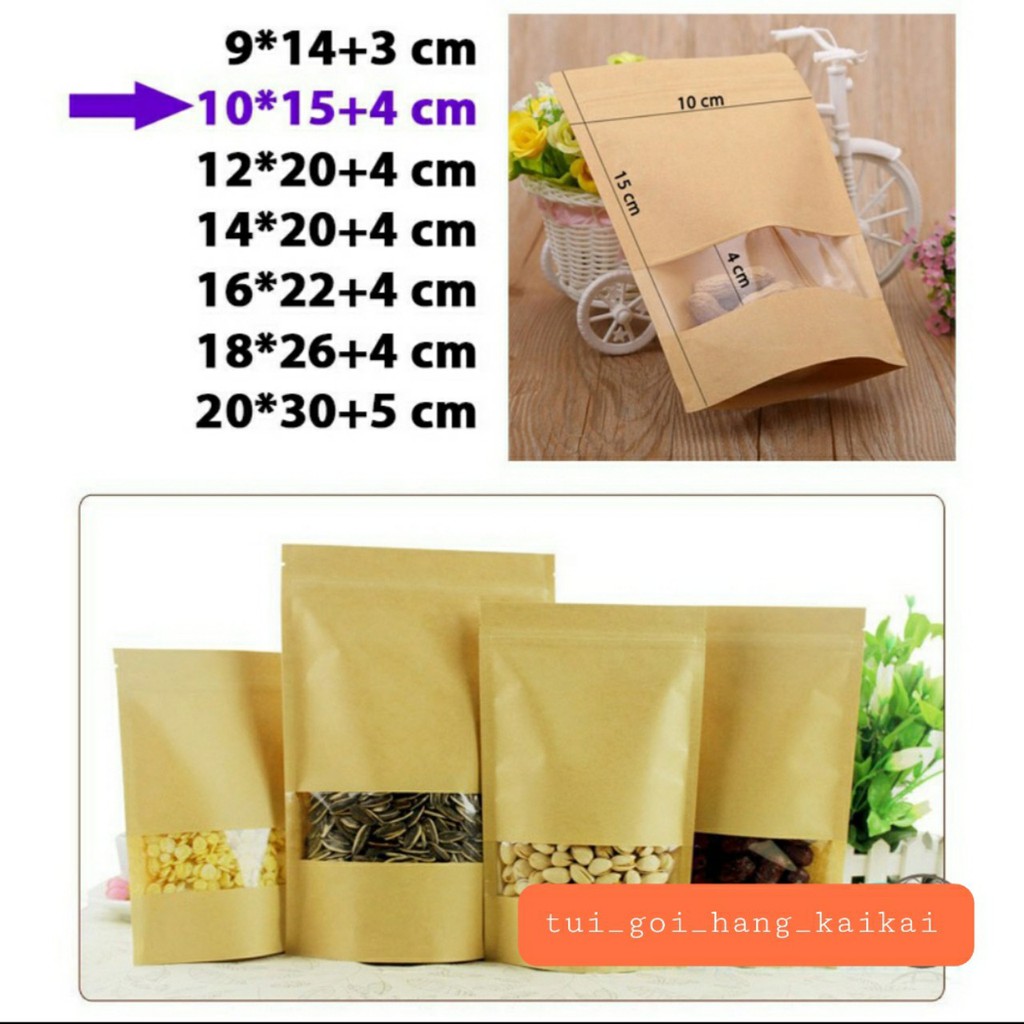 [RẺ NHẤT SHOPEE]  50 cái 10*15+3cm Túi giấy Kraft cửa sổ kiếng miệng zip chuyên đựng thực phẩm chất .