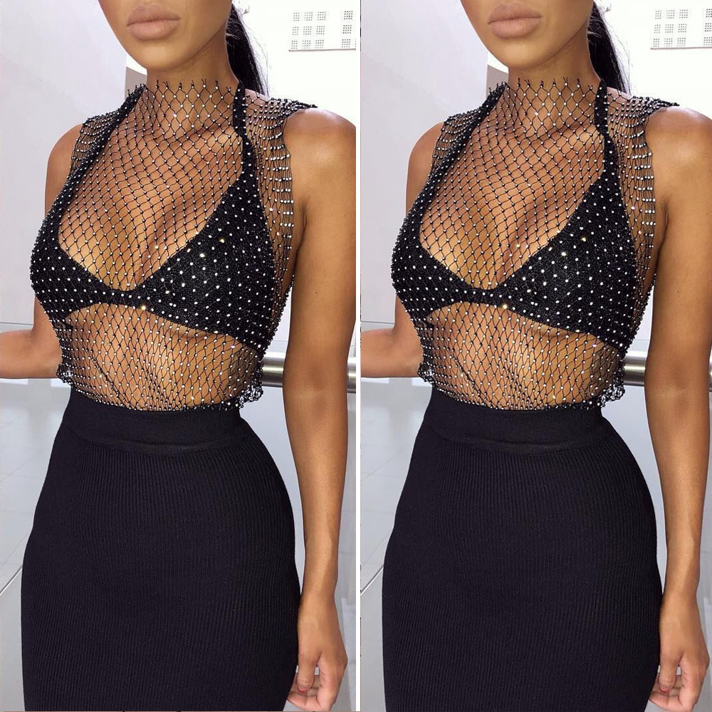 Áo Croptop Không Tay Đính Đá Lấp Lánh Quyến Rũ Cho Nữ