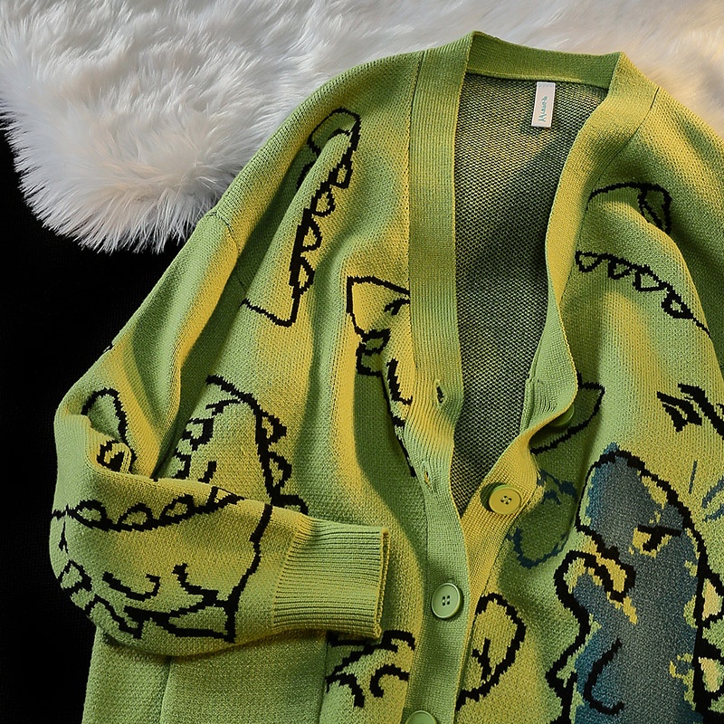 Áo khoác cardigan dệt kim tay dài dáng rộng cổ chữ v in hình khủng long kiểu retro Nhật Bản dễ thương cho các cặp đôi