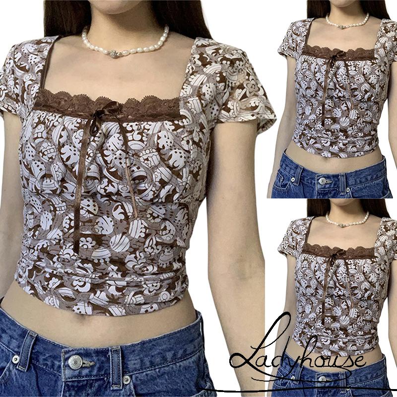 Áo Croptop Tay Ngắn Cổ Vuông In Họa Tiết Cổ Điển Dành Cho Nữ