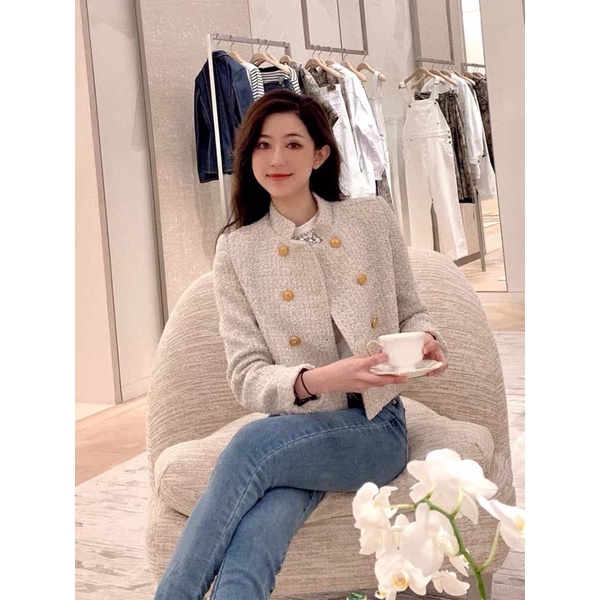 Áo khoác vải tweed hoạ tiết logo Louis Vuitton LV cao cấp kiểu dáng thời trang trẻ trung