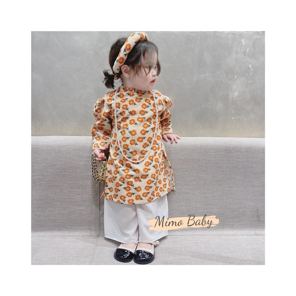 Áo dài nhung tăm hoa vàng cao cấp hàng thiết kế cho bé Mimo Baby AD07