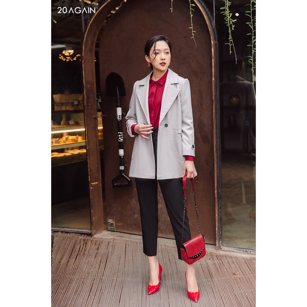Áo khoác dạ cúc bấm 20AGAIN, dáng dài, cổ vest, dạ lì KDA1502